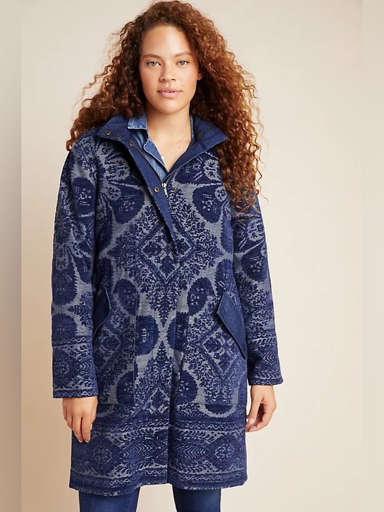 Anthropologie Jackets & Blazers - Anthropologie Blue Chenille Tapestry Patterned Long Women's Coat Parka Sz 1X